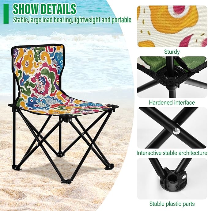 KLL Antique Chinese Pattern Folding Camp Chairs Ultra Lightweight Ultralight Camping Chair with Carrying Bag Travel Chair for Indoor Fishing
