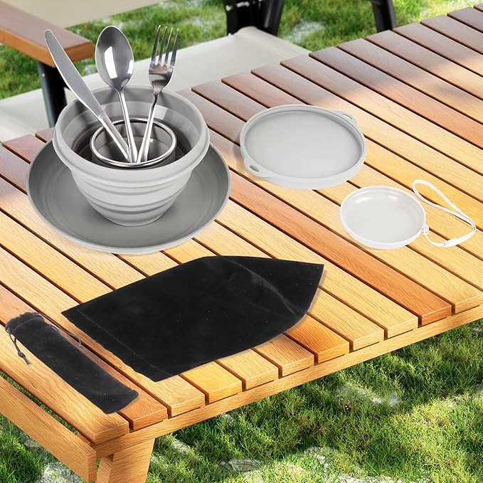 7pcs/Set Camping Mess Kit - Foldable Camping Utensils Portable Travel Silverware Set with Silicone Cup Silicone Bowl Plastic Plate Stainless Steel Tableware Camping Mess Kit for 1 Person