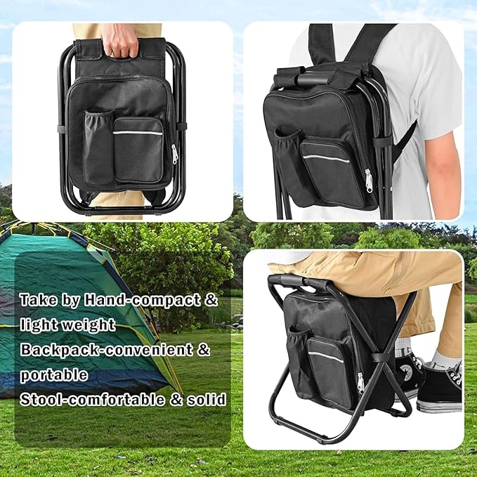 Out&ampAbout 3-in-1 Backpack Stool Cooler Chair 400 LBS Max Load Portable Folding Fishing Cooler Stool - Black