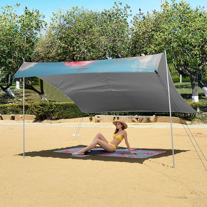 Beach Gnome Beach Tent Sun Shelter 9.2' x 10.5' Beach Canopy with 4 Sandbags 4 Stability Poles Sand Shovels - Tent Canopy for Beach Camping Fishing Picnics