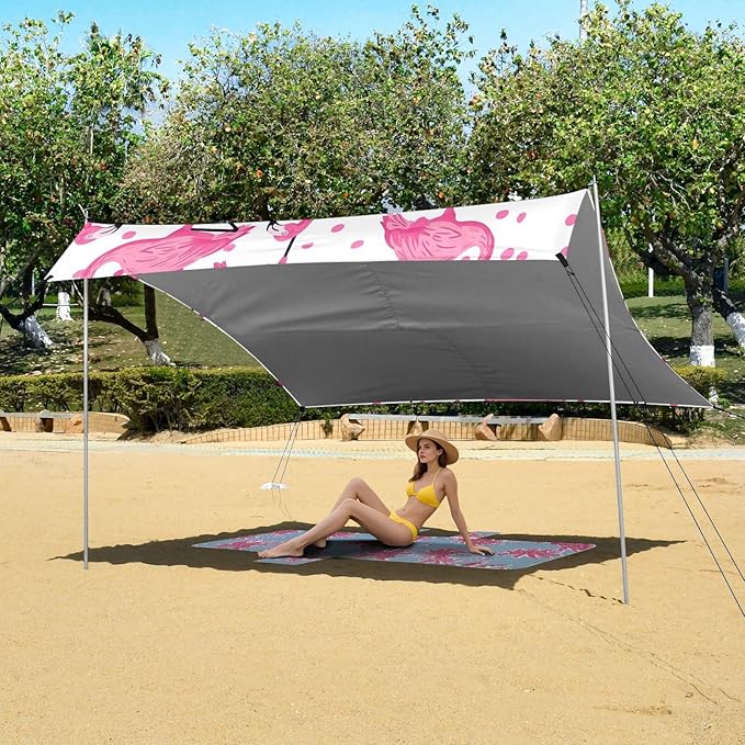 Flamingo Pink Beach Tent Sun Shelter 9.2' x 10.5' Beach Canopy with 4 Sandbags 4 Stability Poles Sand Shovels - Tent Canopy for Beach Camping Fishing Picnics