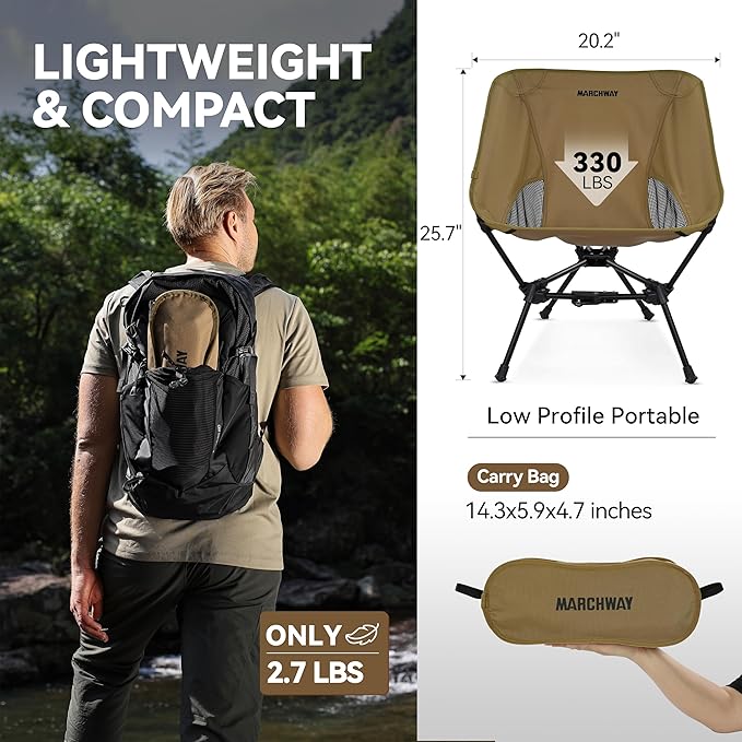MARCHWAY Lightweight Folding Camping Chair with Spring Lock Stable Compact Portable for Outdoor Camp Travel Beach Picnic Festival Hiking Backpacking (Lowback Khaki)