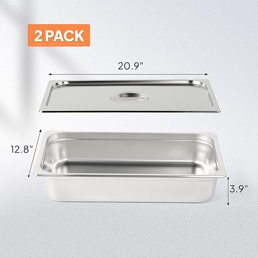 ROVSUN Full Size Hotel Pan 2-Pack 4 Inch Deep Steam Table Pan with Lid Stainless Steel Anti Jam Pan for Party Home Commercial