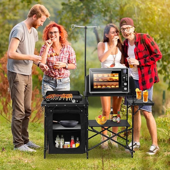 CDEN Camping Kitchen Station Camping Table Grill Table with Light Stand and Windshield Cooking Station outdoor