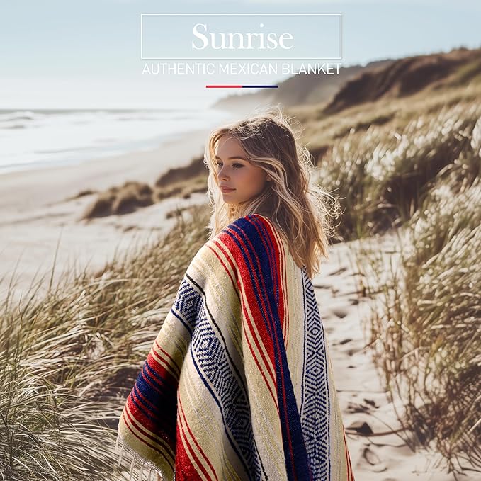 Hydration Nation Authentic Large Handwoven Mexican Striped Throw Blanket - Soft Durable Eco-Friendly - 70x50 – Sunrise