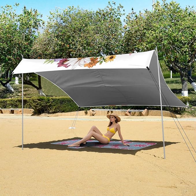 ALAZA Cow Daisy Flowers Beach Tent Sun Shelter UPF50+ Protection Beach Shade Canopy w/ 4 Sandbags for Outdoor Camping Fishing Backyard Fun Picnic 10x9 ft