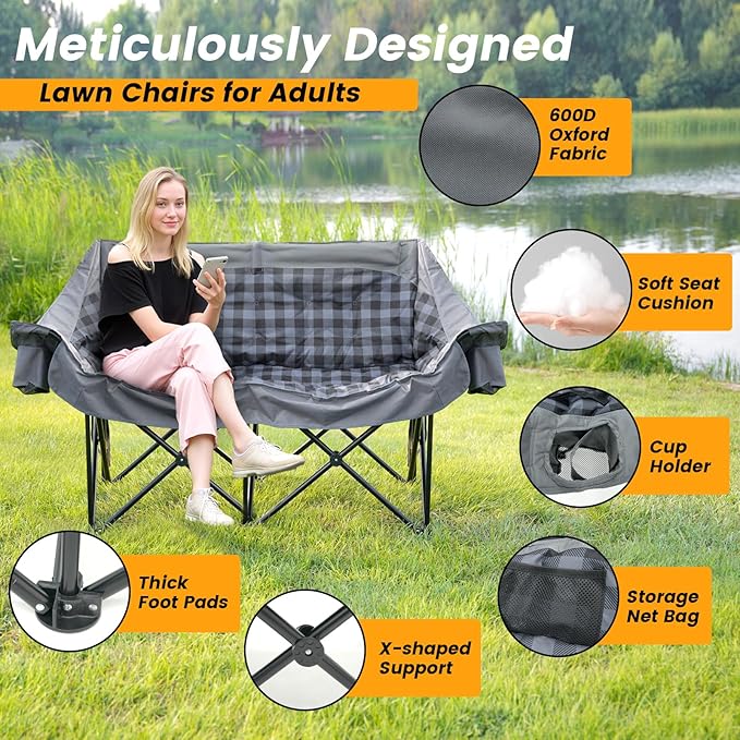 Heated Double Camping Chair with 2 Battery Padded Camping Couch with 3 Heat Levels and 4 Heating Zones Oversized Camp Loveseat Support 800lbs for Soccer Games Tailgating RV Travel Beach Days