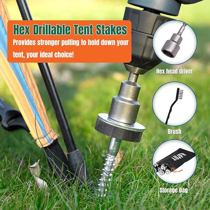 15 Pcs 10 Hex Pegs Drillable Tent Stakes Screw in Tent Pegs Stakes for Garden Canopies Grassland Canopies Awnings Camping Travel (Hex Tool and Storage Bag)