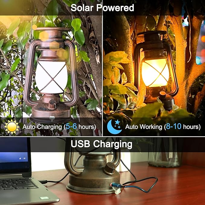 Solar Lantern Outdoor Hanging Solar Lights Flickering Flame LED Vintage Lantern Waterproof Camping Lamps Auto On/Off Landscape Decor for Patio Garden Yard Pathway Porch Rechargeable Lanterns 2Pack