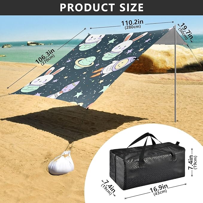 Space Rabbit Cute Alien Spaceship Little Stars Camping Sun Shelter Beach Tent Portable Beach Sun Shade Outdoor Canopy for Camping Trips Fishing Picnic