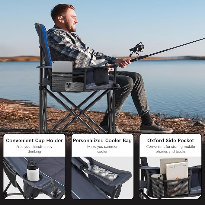 Oversized Folding Camping Chair for Adults - 450lbs Support - Heavy Duty Portable Lawn Chairs with Side Pocket Cup Holder Cooler Bag for Sports Garden Beach Fishing Blue