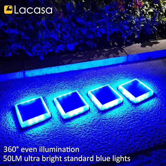 Lacasa Blue Solar Deck Lights 4 Pack Dusk to Dawn Large Battery Step Lights Big Solar Powered Waterproof Dock Lights LED Solar Lights Outdoor Garden Stair Driveway Walkway Pathway Warning Lamp