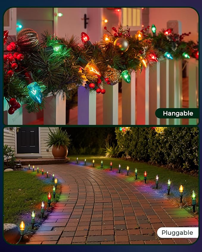 Christmas Pathway Lights Outdoor 102.8 Ft Driveway Christmas Lights with 80 Multicolor Bulbs and Stakes Connectable Outdoor Decorations Yard Walkway Sidewalk Holiday Multicolor