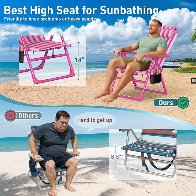 Suteck Backpack Beach Chairs for Adults 2 Pack 6-Position Folding Reclining Chair with Cooler Bag &amp Cup Holder Lightweight Portable Beach Chair for Camping Outdoor Sand Travel Use