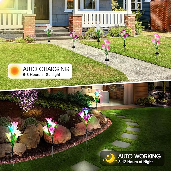 6 Pack Solar Garden Lights Outdoor 7 Color Changing LED Waterproof Solar Powered Lily Flowers Landscape Lights for Outside Yard Patio Pathway Decorative Décor