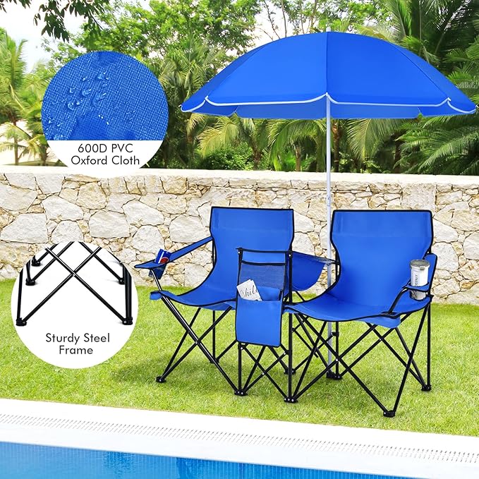 COSTWAY Double Portable Picnic Chairs Folding Camping Chairs w/Detachable Umbrella Cooler Bag Cup Holders Patio Beach Camping Chairs for Outdoors Blue