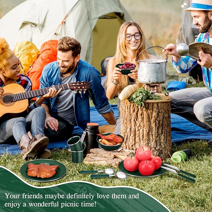 Nuogo 48 Pcs Enamel Camping Tableware Includes 12 oz Coffee Mugs 10.5 Inch Camping Plates 6 Inch Bowls and Utensils Set Includes Knife Fork Spoon for Outdoor RV (Green)