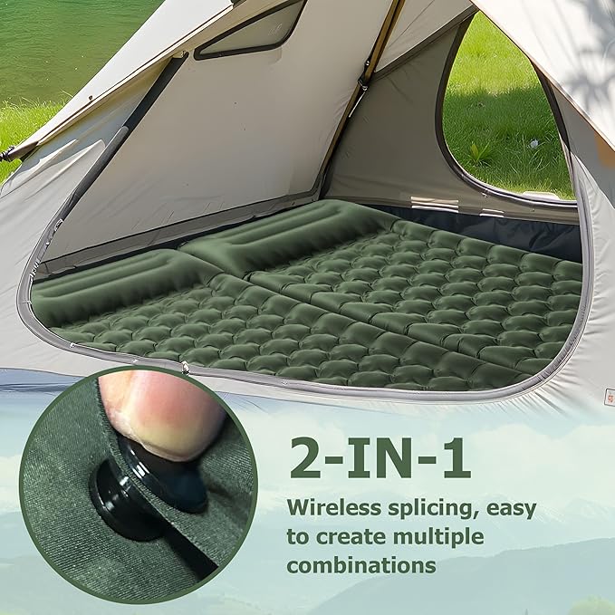 Sleeping Pad 4.7 Extra-Thick &amp Ultralight Inflatable Camping Mat with Pillow Built-in Foot Pump Compact for Backpacking Camping Hiking Travel —Military Green