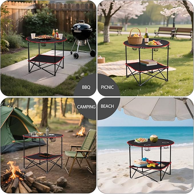 HomGarden 28 Portable Folding Picnic Table Outdoor Camp Table Round 2-Tier with 4 Cup HoldersPortable Tables Folding for BBQ Fishing Beach Table for Party Black