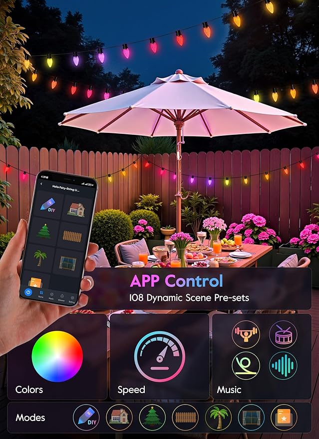 Brightown Smart C9 LED Christmas Lights 150 LED RGB C9 String Light with Remote App Control Music Sync Connectable Waterproof Outdoor Christmas Lights for House Tree Patio Holiday Xmas Decor
