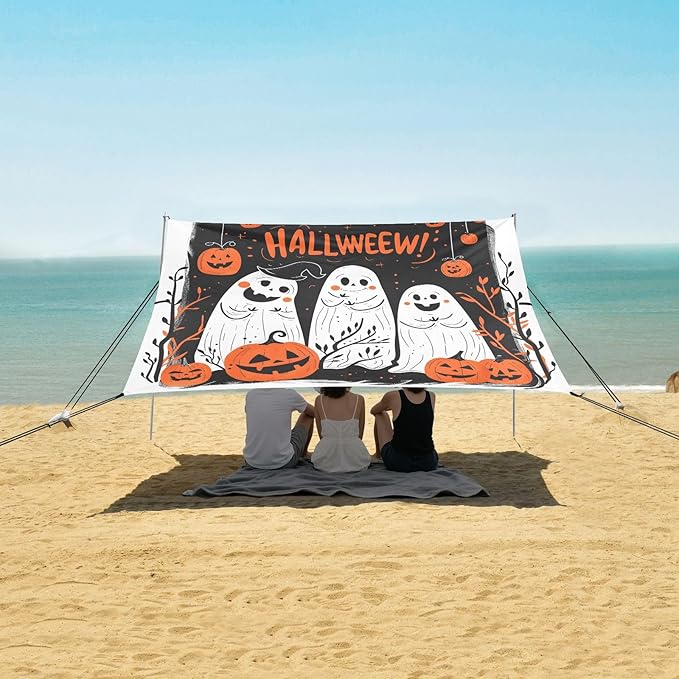 ALAZA Halloween Pumpkin Ghosts Beach Tent Sun Shelter UPF50+ Protection Beach Shade Canopy w/ 4 Sandbags for Outdoor Camping Fishing Backyard Fun Picnic 10x9 ft