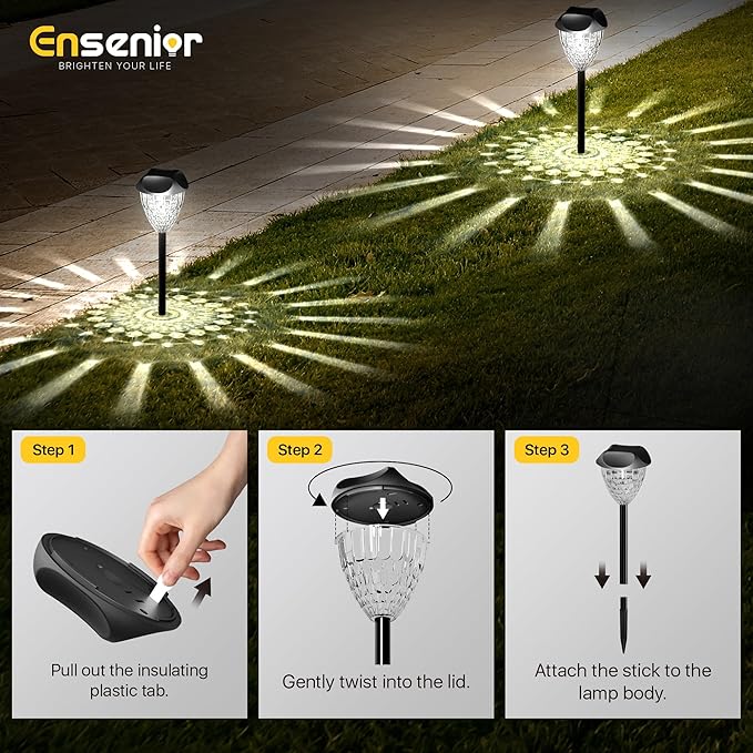 Ensenior 8-Pack Solar Lights Outdoor Auto ON/Off 6500K LED Solar Garden Lights for Pathway Yard Patio Walkway Planter Waterproof Energy-Efficient Landscape Lighting