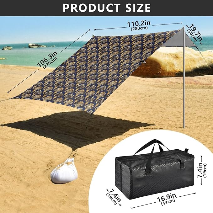 ALAZA Abstract Gold Fans Beach Tent Sun Shelter UPF50+ Protection Beach Shade Canopy w/ 4 Sandbags for Outdoor Camping Fishing Backyard Fun Picnic 10x9 ft