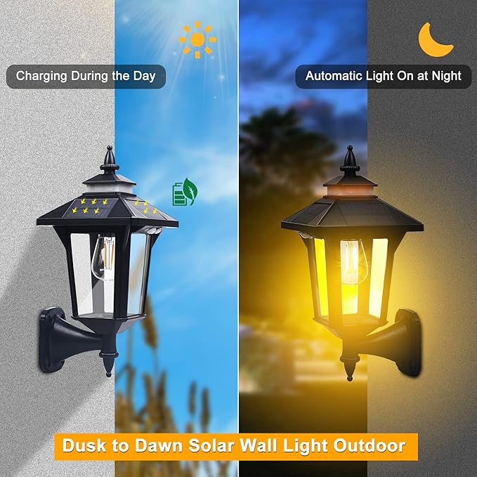 2 Pack Solar Wall Lantern Lights Outdoor with 3 Lighting Modes Motion Sensor Wall Sconce Dusk to Dawn LED Exterior Front Porch Lights Fixtures Wall Mount Waterproof for Garage House Doorway Yard