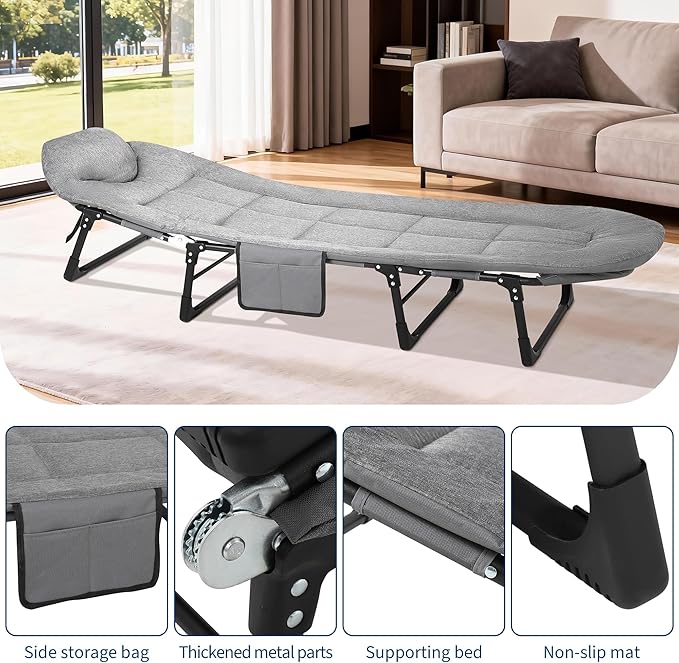 Garvee 75 Portable Folding Bed with Cushion and Pillow Camping Cot for Adults with Supports 500 Lbs Lightweight Tent Cot for Patio Beach Indoor Outdoor Grey