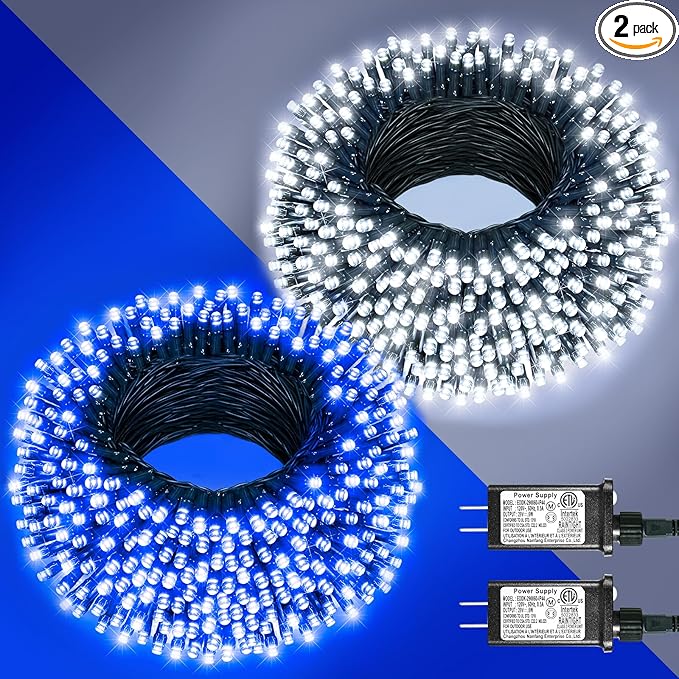 2 Pack Christmas Lights Outdoor Total 200FT 600 LED String Lights for Outside Waterproof with 8 Modes Green Wire Twinkle Tree Lights for Indoor Patio Xmas Decorations 1 Pack Blue &amp 1 Pack White