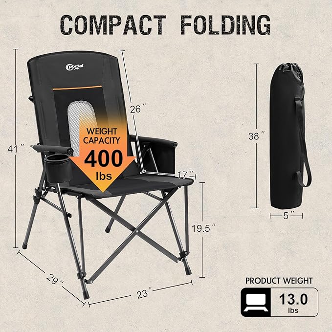 PORTAL Oversized Folding Camping Chair High Back Portable Lawn Chairs for Adults Outdoor Sports with Hard Armrest Cup HolderSupports 400LBS Black
