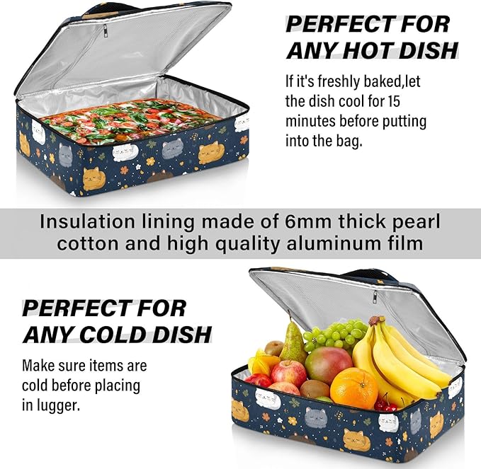 Casserole Carrier Pattern Cute Cartoon CatInsulated Casserole Carrier for Hot or Cold Food Thermal Lunch Tote for Potluck Parties Picnic Beach Fits 9 x 13 Inches Baking Dish