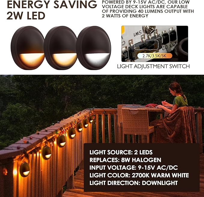 LED Low Voltage Deck Lights Outdoor Waterproof6-Pack 3CCT Deck Lighting Fixtures Landscape Step3W12V-24V AC/DC Die-cast Aluminum Housing Fence Lamp Wired 2700K/3500K/5000K (Brown)