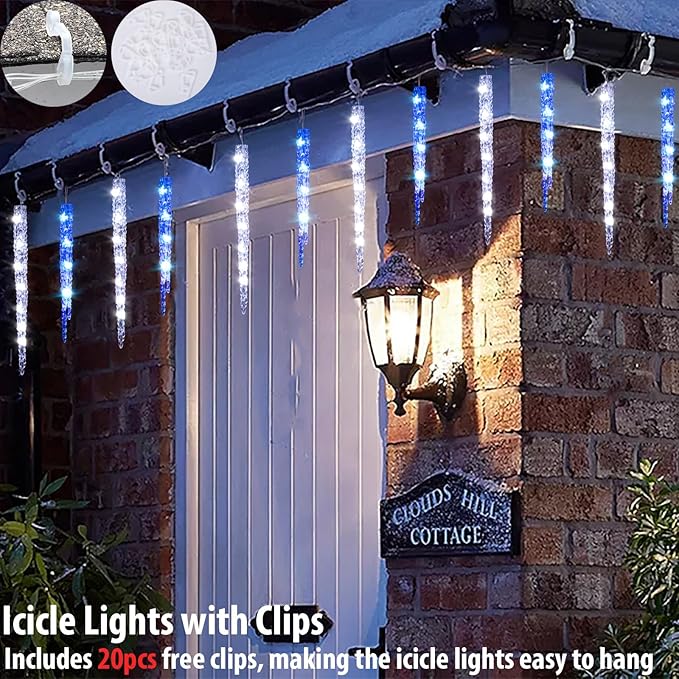 Blue and White Icicle Lights for Outside Christmas Lights Outdoor with 20 Large Tubes 29FT 8 Modes with Timer Connectable Meteor Shower Light for Eave Roofline Tree Decoration