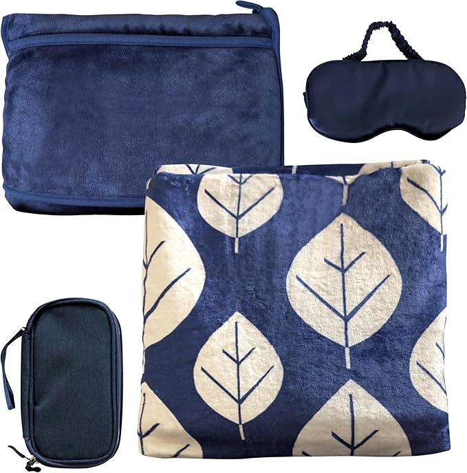 3 Piece Travel Blanket Set with Eye Mask &amp Cable Organizer  Ultra Soft Flannel Airplane Blanket with Carry Bag  Lightweight Warm &amp Compact for Travel Car Sofa &amp Bed  Ideal for Adults