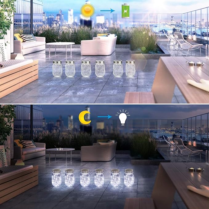 Mlambert Mason Jar Solar Lights 30 LEDs 6 Pack Hanging Solar Lanterns Outdoor Waterproof Fairy Lights Outdoor Lanterns for Patio Garden Cool White