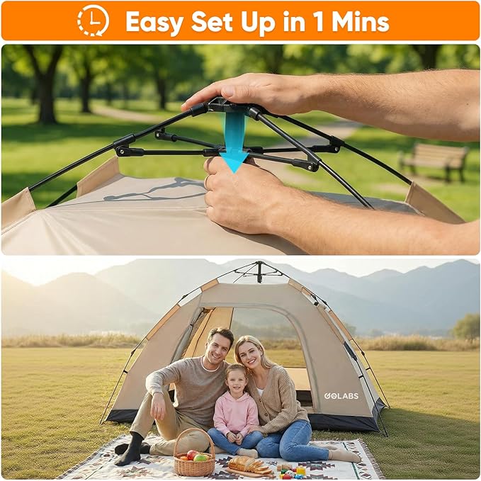 Golabs CT3 2 Person Instant Camping Tent 1-Minute Setup by Pre-Attached Pole 4 Side Mesh &amp Door Ventilation Lightweight 4.8lbs Portable Design with Carry Bag Inner Storage Pockets &amp Hooks