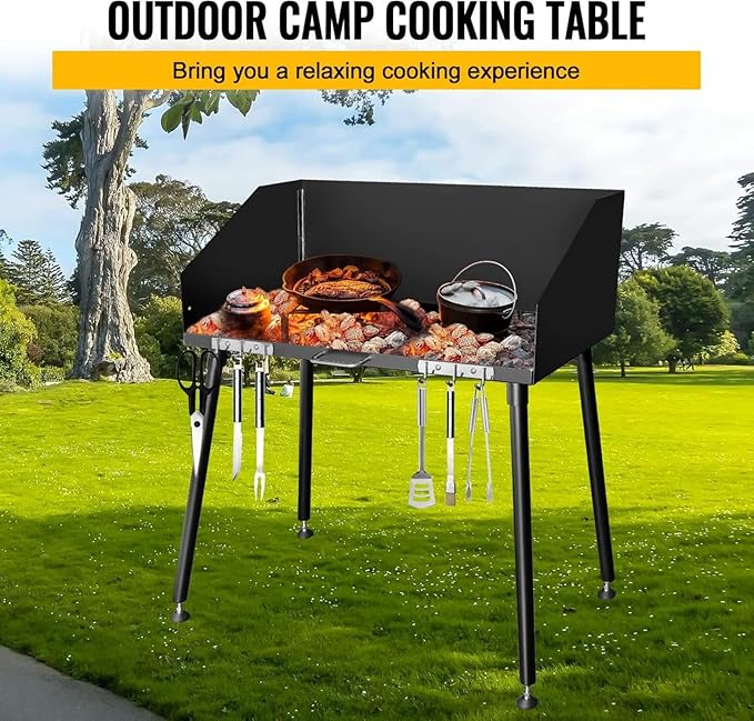 Carbon Steel Camp Cooking Table Dutch Oven Table with Three-Sided Windscreen and Four Legs for Grill Travel Outdoor PicnicBeachBBQBackyards30x16