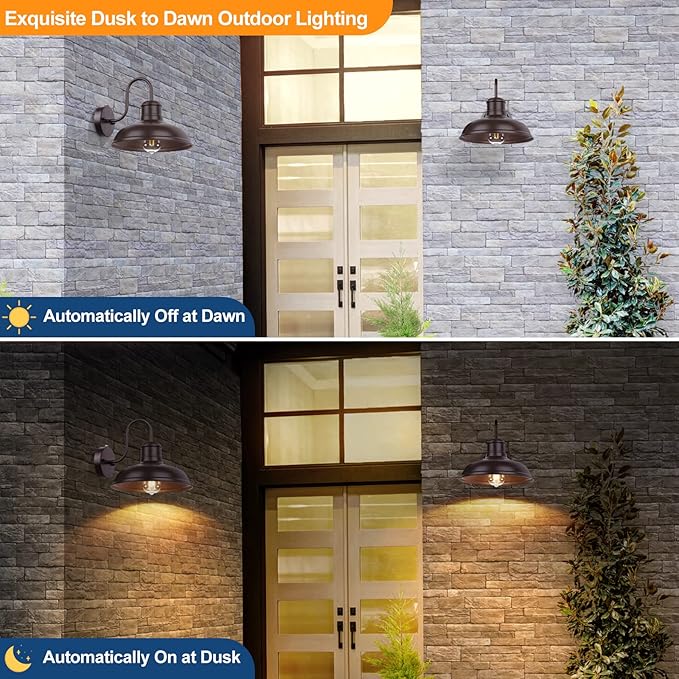 2-Pack Dusk to Dawn Outdoor Wall Sconces Farmhouse Outside Lighting Gooseneck Barn Lights Oil Rubbed Bronze Exterior Wall Lights Anti-Rust Waterproof Outdoor Light for House Porch Garage Entryway