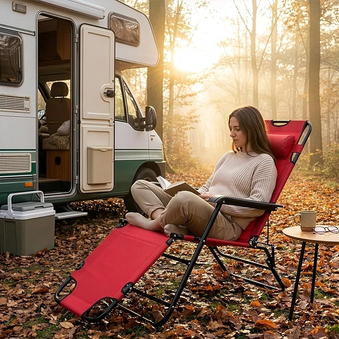 Reclining Camping Chair Portable Dual Purposes Extendable Folding Reclining Chair4 Adjustable Positions Patio Beach Chair for AdultsLawn Lounge Chairswith Headrestfor Garden Pool Sports (Red)