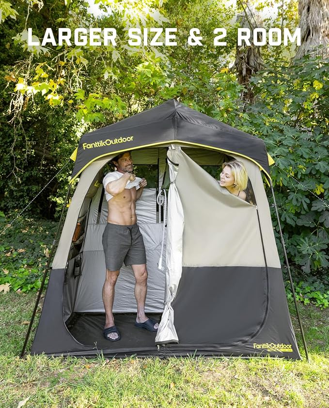 FanttikOutdoor Zeta A2 Pro Shower Tent 2 Rooms Portable Privacy Shelter for Shower &amp Dressing Instant Setup in 60 Seconds with Rainfly &amp Windproof Ideal for Camping &amp Hiking Fishing B