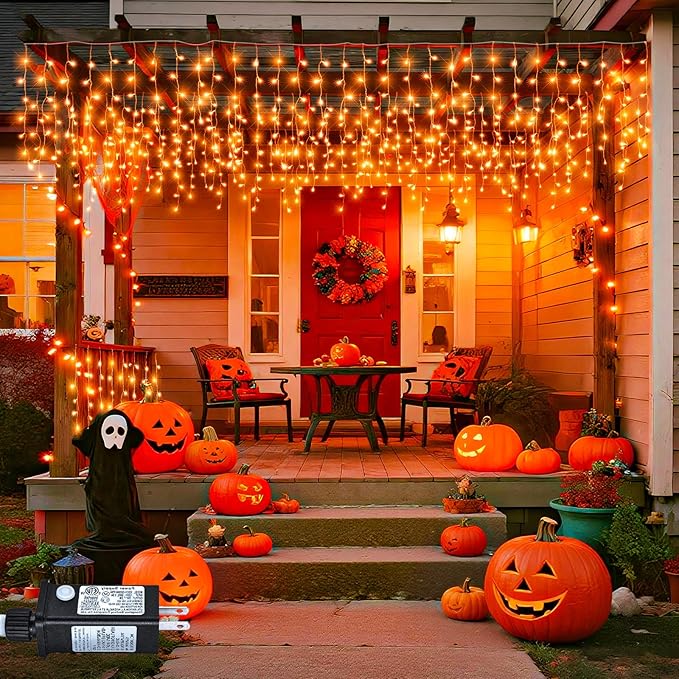 66ft Orange Halloween Lights Outdoor 640LED Icicle Lights for Outside Indoor Twinkle Christmas Light with Connectable Clear Wire 8 Modes Timer Waterproof for House Party Tree Holiday Yard Patio Decor