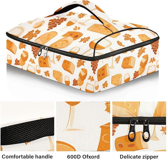 Casserole Carrier Wine and Cheese PrintInsulated Casserole Carrier for Hot or Cold Food Thermal Lunch Tote for Potluck Parties Picnic Beach Fits 9 x 13 Inches Baking Dish