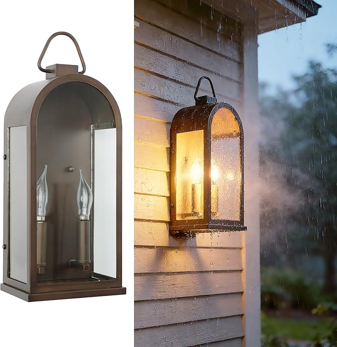 Outdoor Wall Light Fixtures 2-Light Porch Lights Outdoor Matte Bronze Exterior Waterproof Wall Sconce with Glass Shade Outside Lantern for House Garage Doorway Patio Entryway E12 Socket