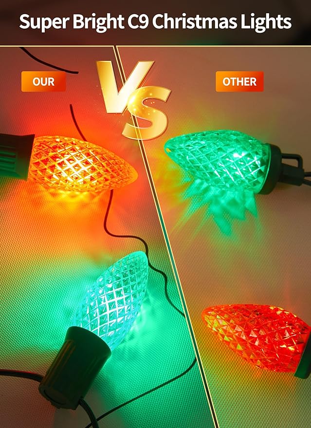 Brightown Outdoor Christmas Lights 100 Ft LED Commercial String Lights With Multicolor Strawberry C9 Bulbs Waterproof Connectable UL Certified for Indoor Yard Xmas Tree House Decor