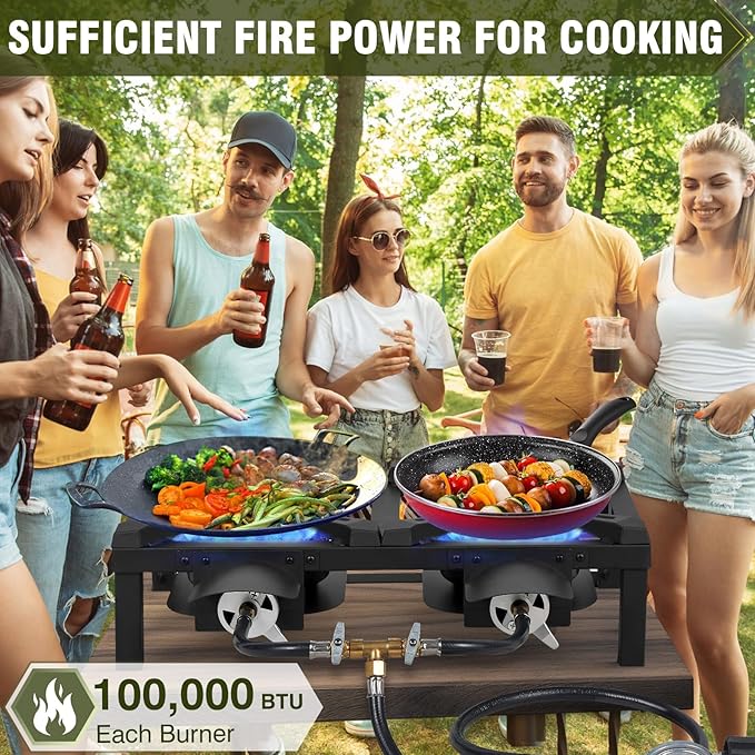 BESTFIRE Double Burner Propane Camping Stove with Independent Control Valves &amp 5PSI Hose - Heavy Duty Portable Outdoor Cooker for BBQ Tailgating and Camping
