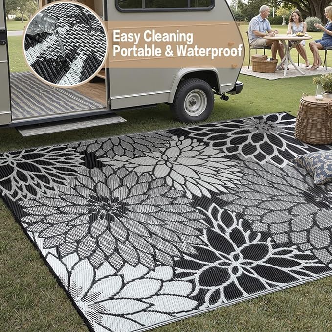 HUGEAR 8'x10' Outdoor Rug Waterproof Plastic Straw Rugs Large Black Reversible Floral Mat Floor Carpet for Camping RV Deck Entryance Porch Picnic Balcony Beach Backyard