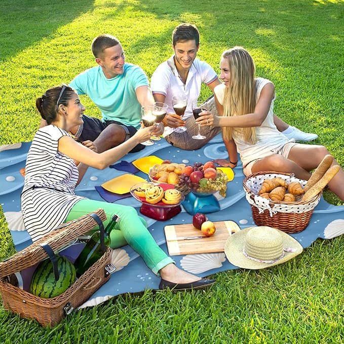 Waterproof Sandproof Beach Blanket 59''×68'' Textured Shell Pattern Polyester Outdoor Picnic Blanket with 4 Stakes &amp Storage Bag for BeachCampingVacation