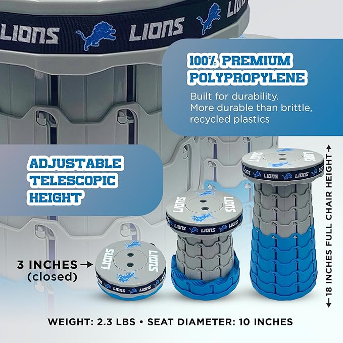 Sporticulture NFL Detroit Lions Telescoping Collapsible Stool 500lbs Max Weight Portable Adjustable Height Folding Camping Stool with Carry Strap Retractable Stadium Have A Seat Outdoor Sports Fan
