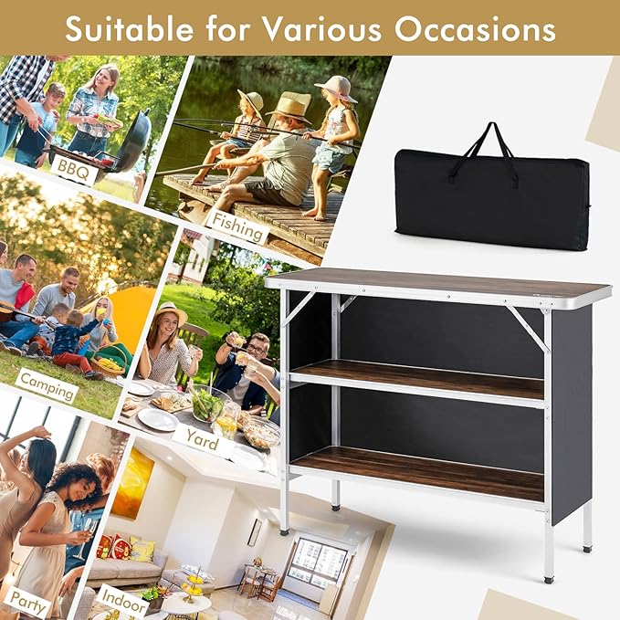 COSTWAY Folding Picnic Table Portable Camping Table with Carry Bag Lightweight Aluminum Food Prep Station with 2 Shelves Quick Set-up BBQ Party Backyard